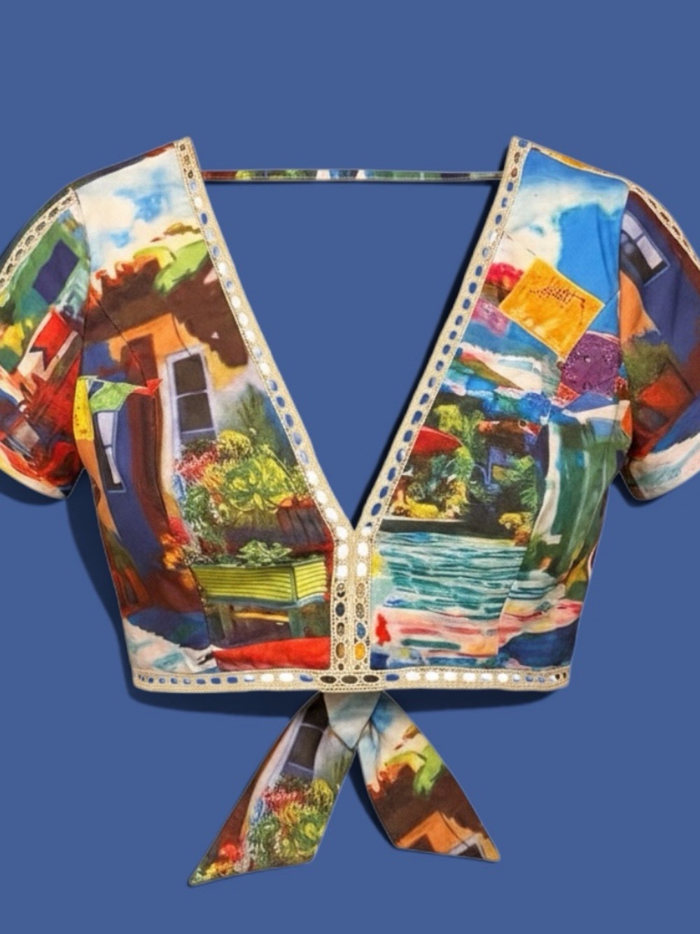 L'ATISTE Multicolor Scenic Print Tie-Front Crop Top